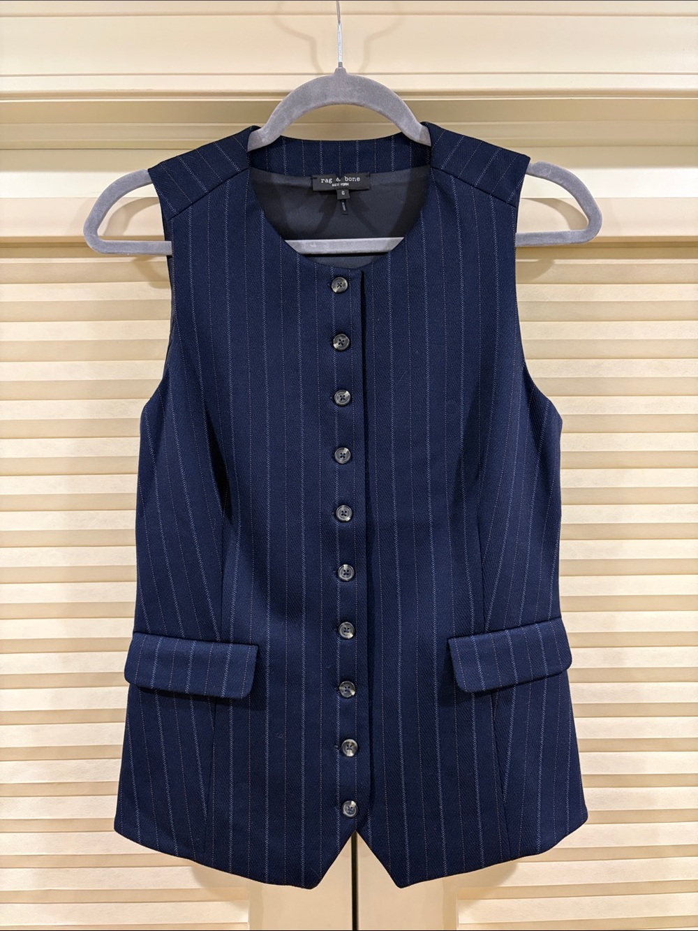 NWOT Rag & Bone Navy Pinstripe Sleeveless Button Vest, Size US 6